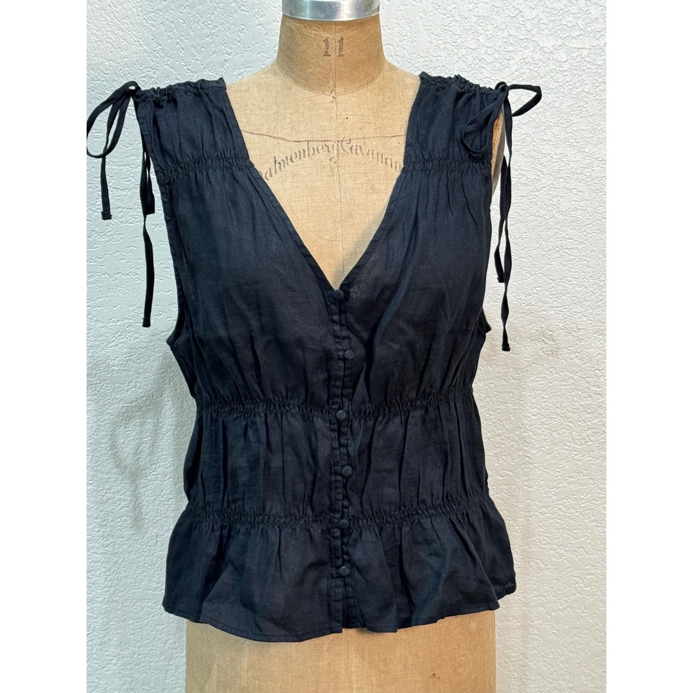 Cynthia Rowley Black 100% Linen Smocked Waist Tie Shoulder Button Front Top XL